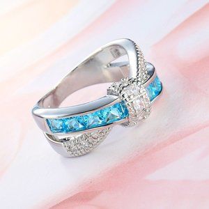 🎀925 Silver Plated Sea Blue CZ Punk Party Cocktail Ring for Women, GPMB1405